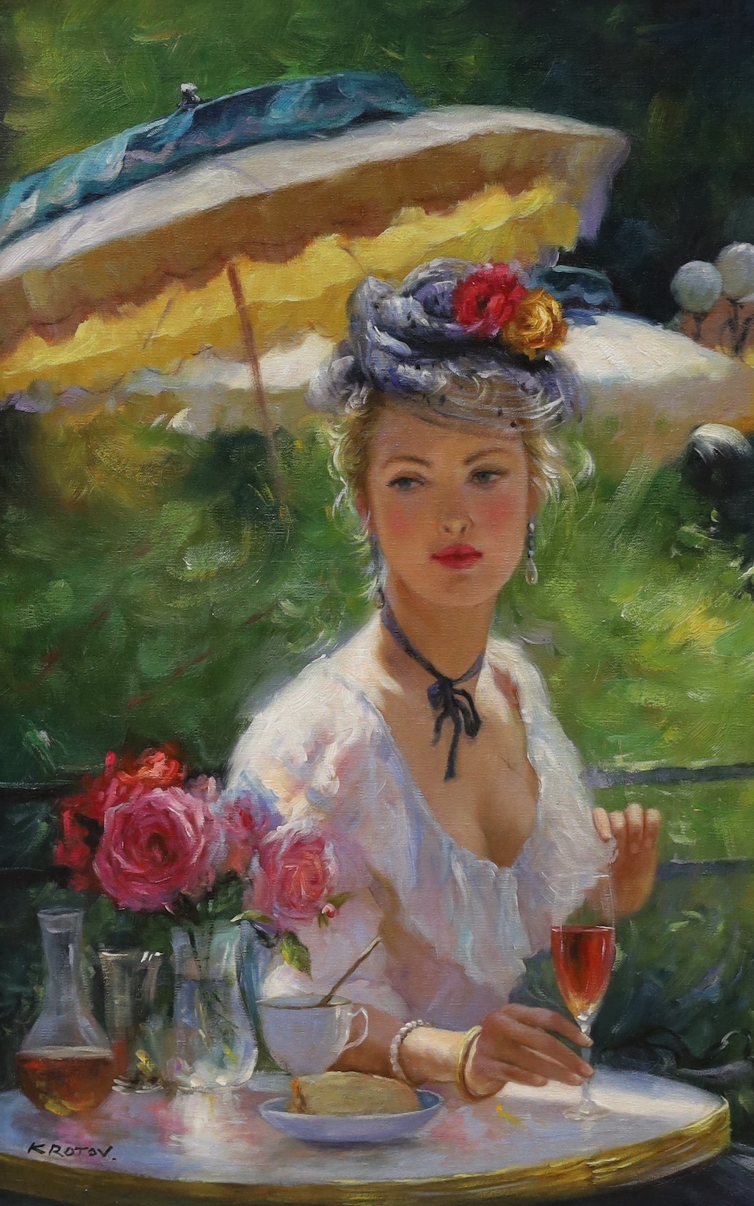 Krotov, oil on board, Edwardian young lady seated at a café table, 75 x 50cm